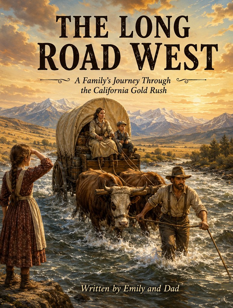 The Long Road West book cover: at sunset, Emily watches her family's covered wagon ford a river below snow-capped mountains